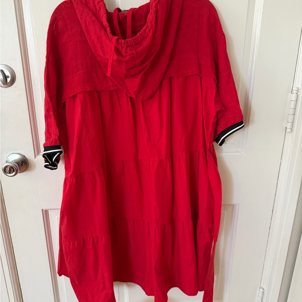 Red Hooded Tunic with Black and White Trim